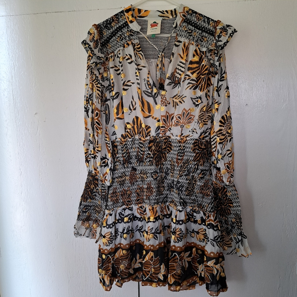 Farm Rio Floral Tapestry Mini Dress - Silver SZ L